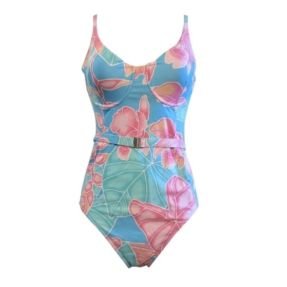 Kenny Flowers Women M/L One Piece Swimsuit Belt Hibiscus Vacay Resort Cruise NWT - Picture 2 of 10